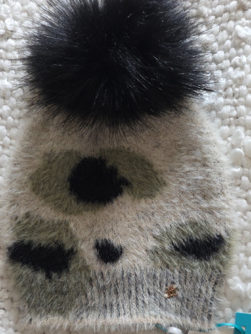 Abel & Lula Faux Fur Pom Beanie in Beige and Black Jacquard M